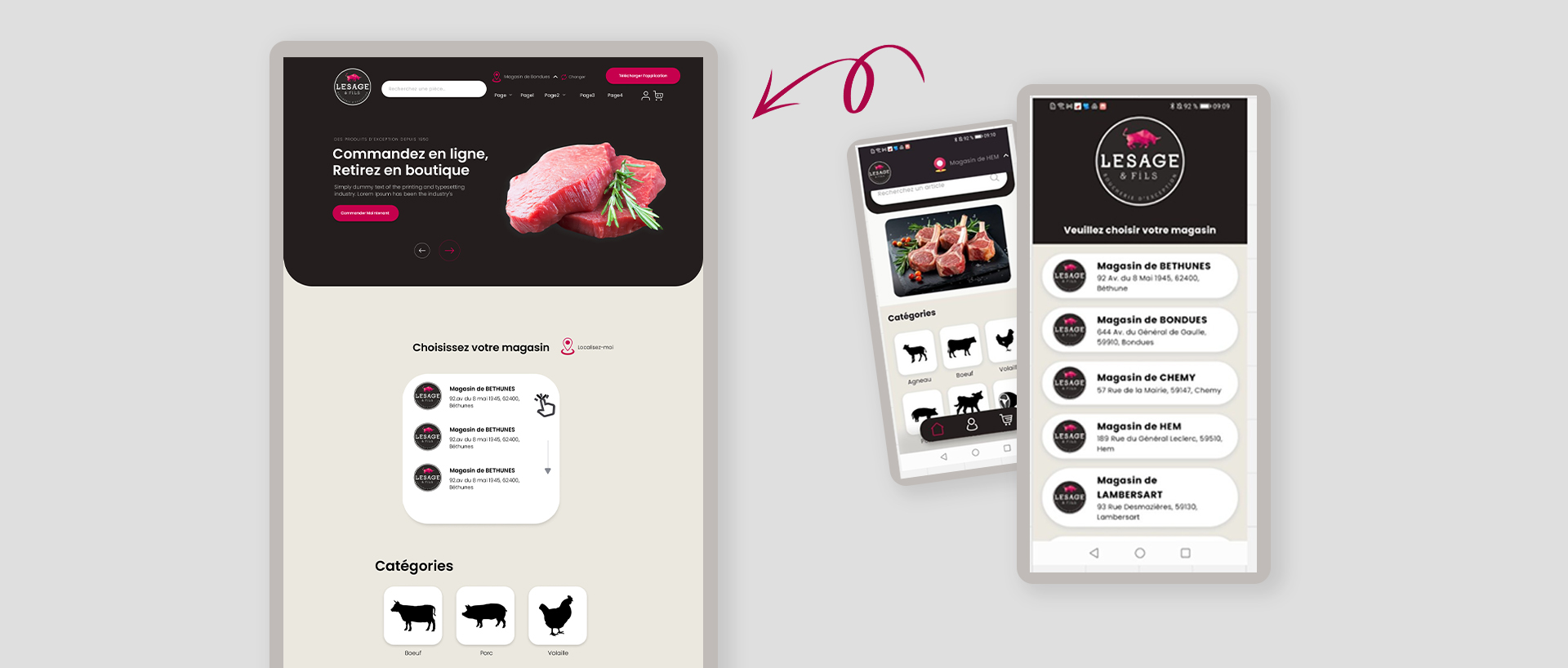 Application Click & Collect boucherie — interface mobile, catalogue et navigation