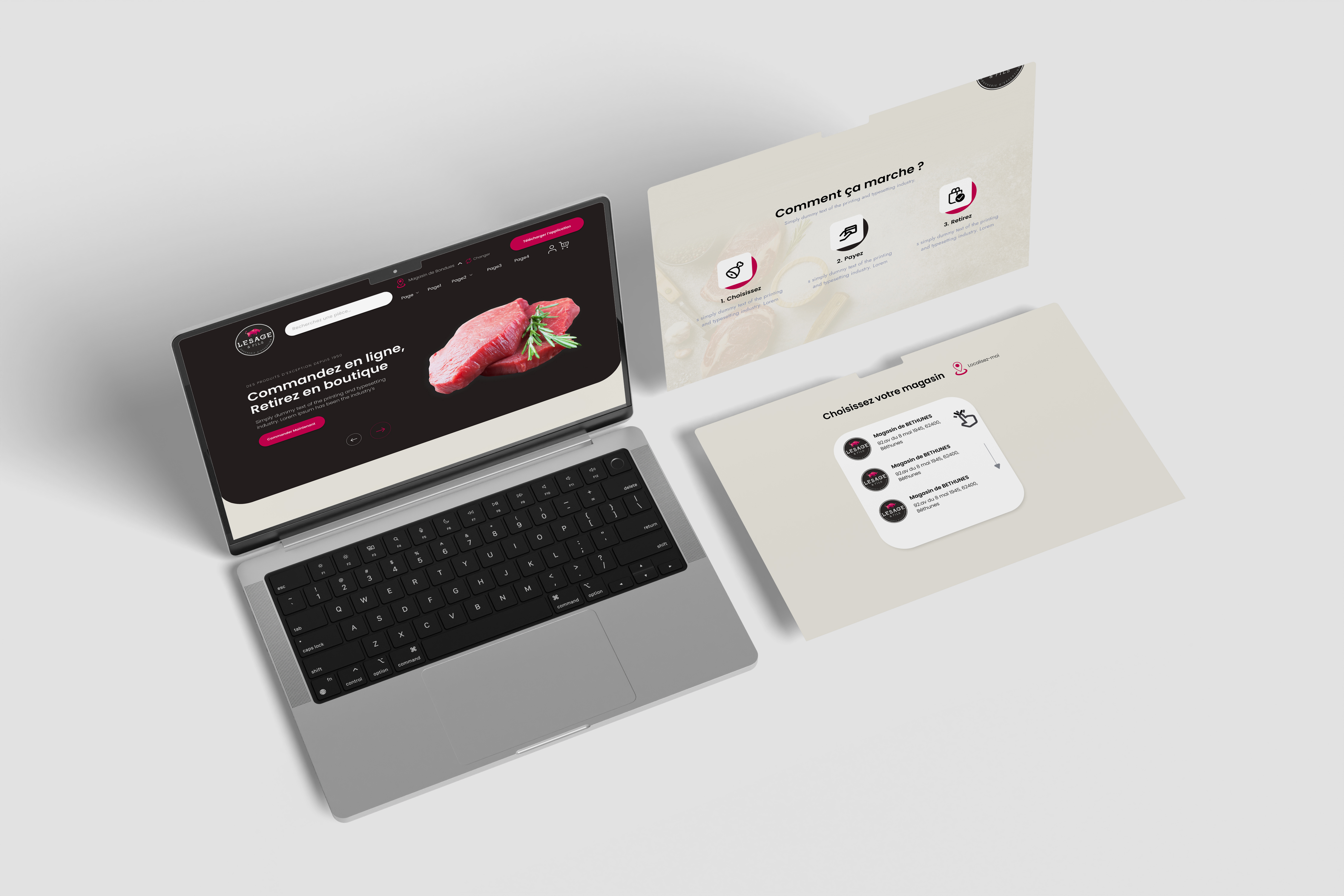 Boucherie Click & Collect — sélecteur de magasin, premier écran de l'application