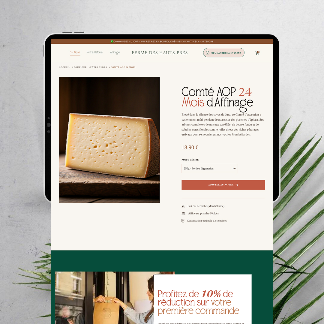 Boutique fromagerie — page clé du site, détail Click & Collect Jura
