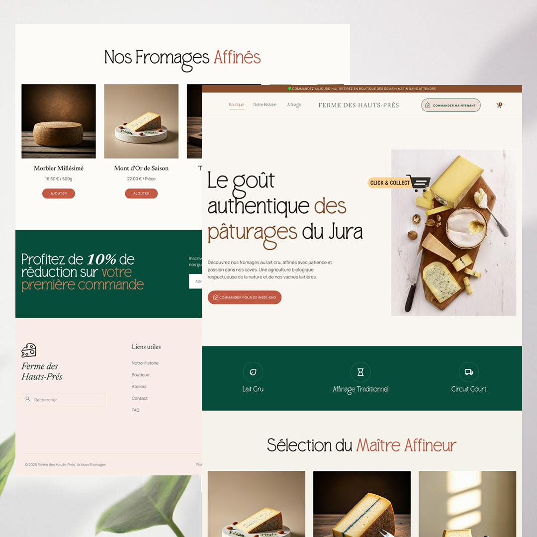 Fiches produits fromagerie — deux sections narratives, affinage et accords mets-vins