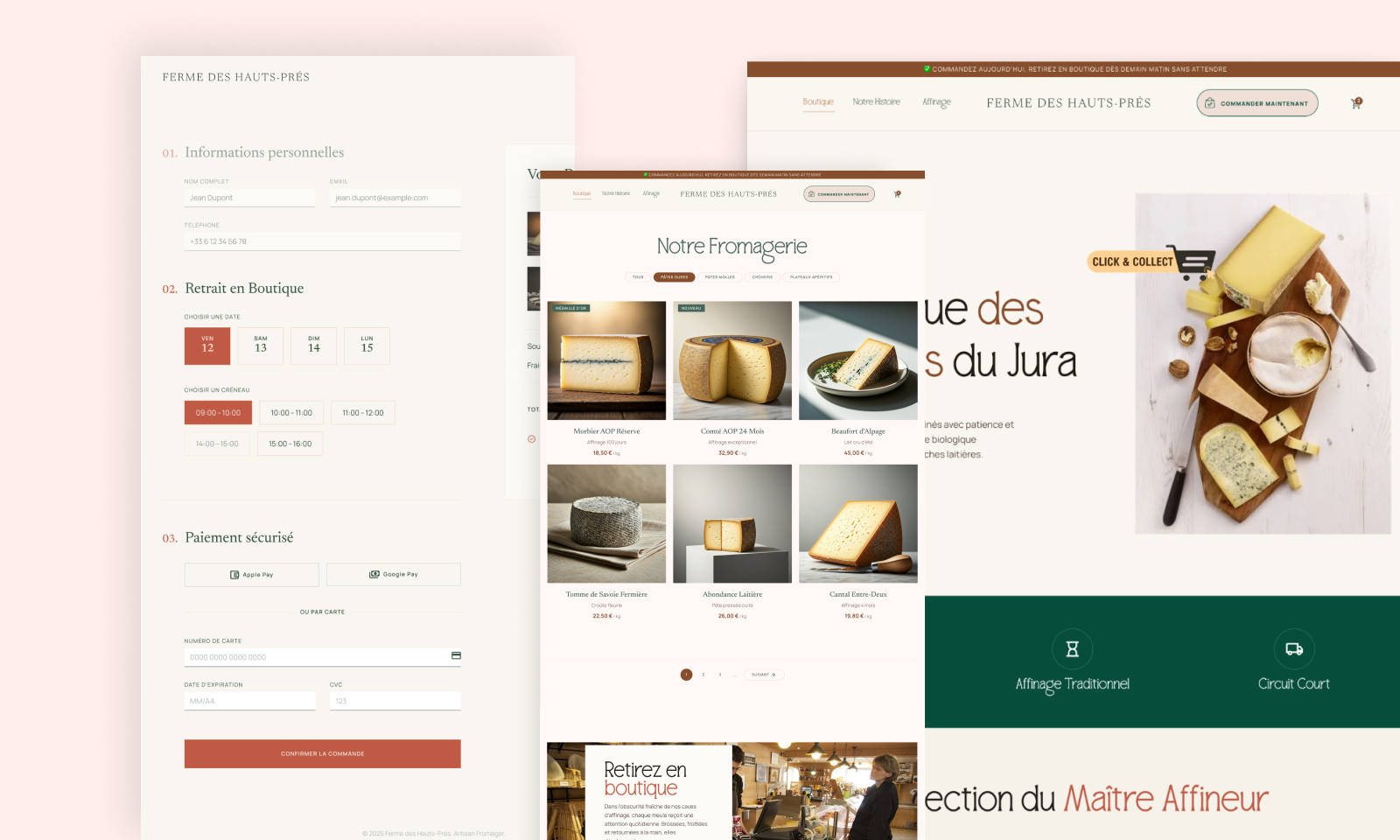Boutique fromagerie Jura — présentation 3 pages du site livré, Click & Collect complet
