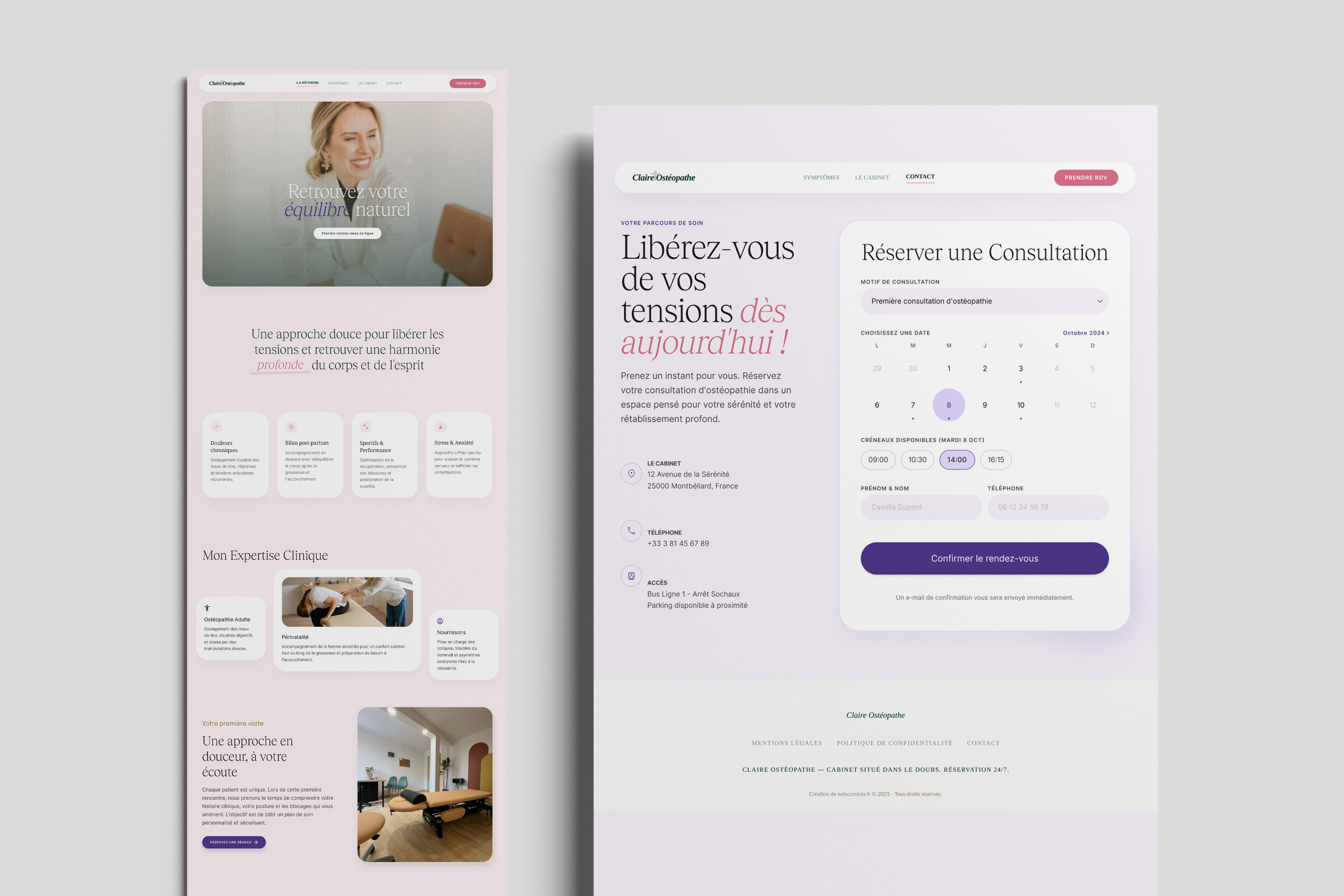 Site ostéopathe — pages clés du parcours patient, réservation et consultation