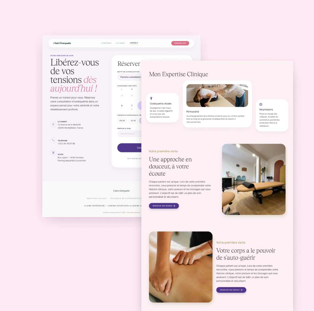 Site ostéopathe — présentation double écran, design éditorial et réservation