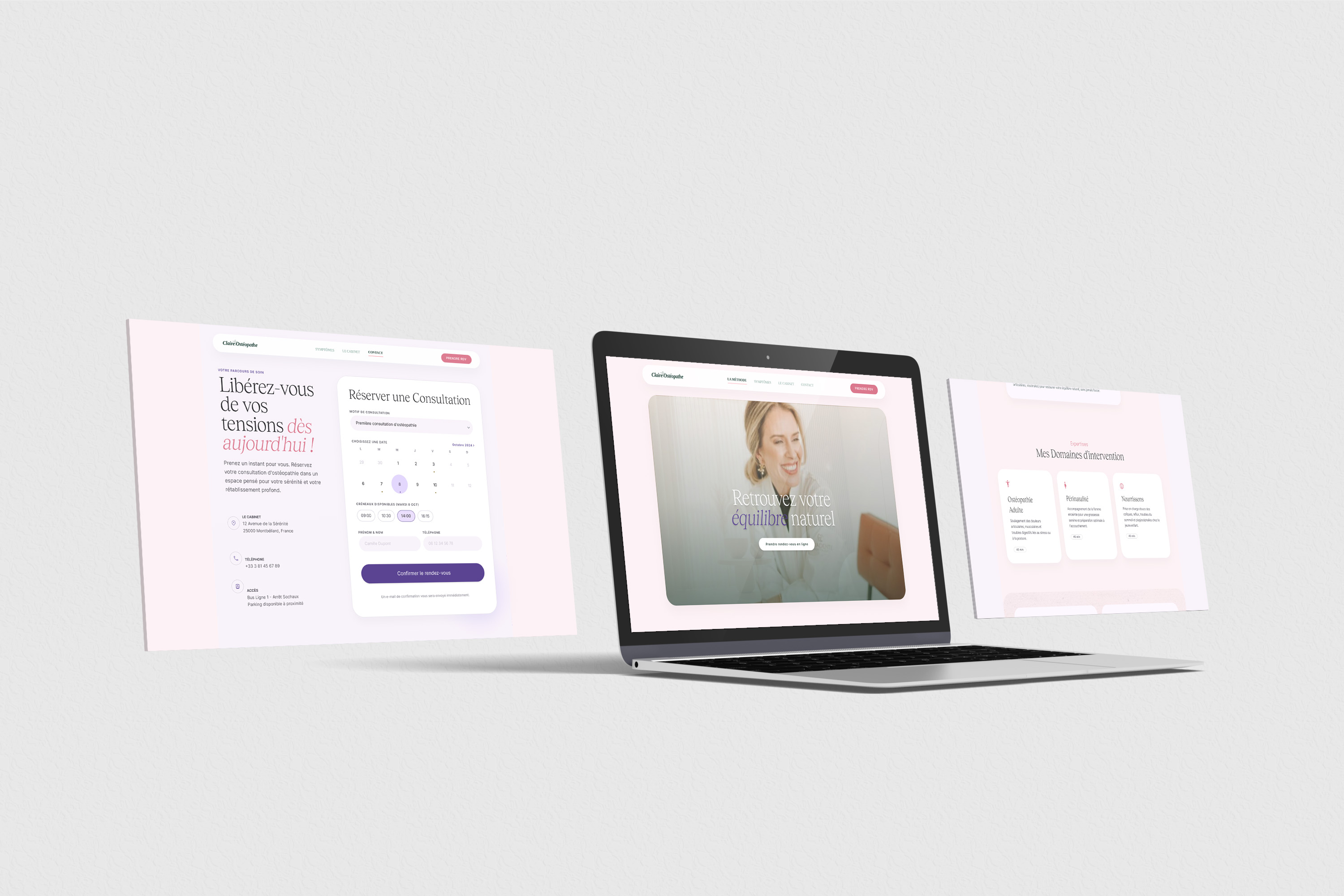 Site ostéopathe — vue multi-pages, cohérence visuelle de l'ensemble du site
