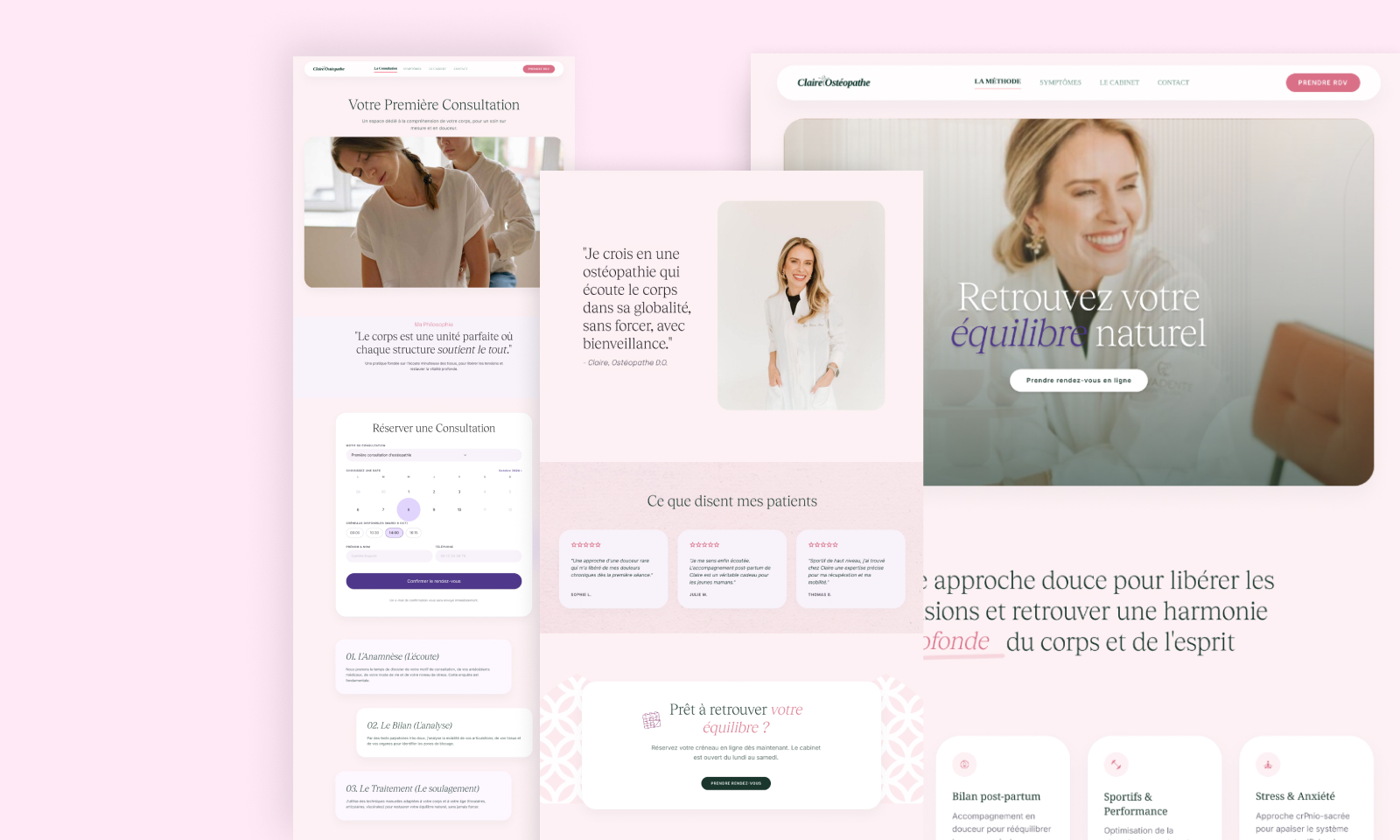 Site ostéopathe Claire — présentation multi-écrans complète, mobile tablette et desktop