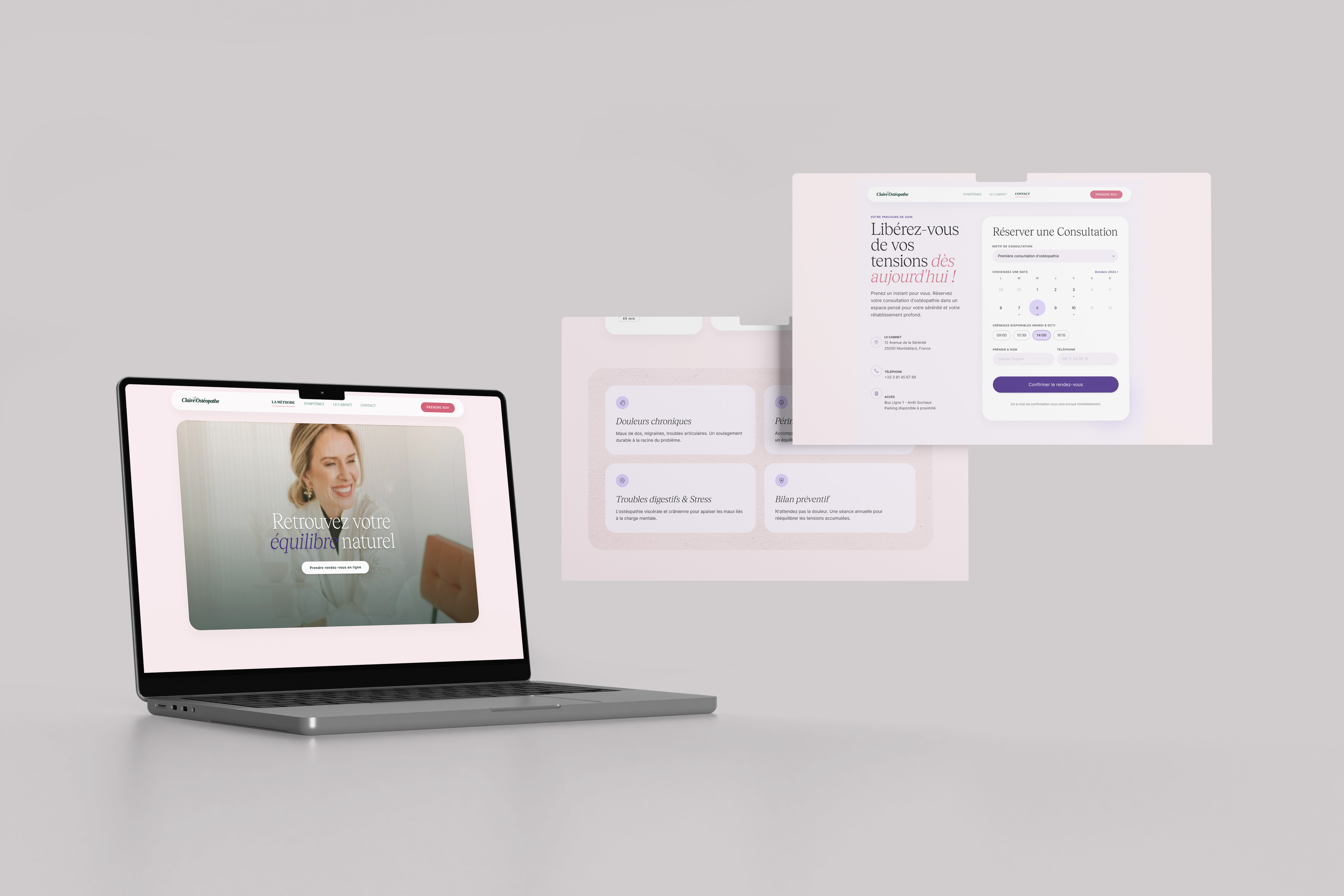 Site ostéopathe — vue multi-écrans responsive, mobile tablette et desktop