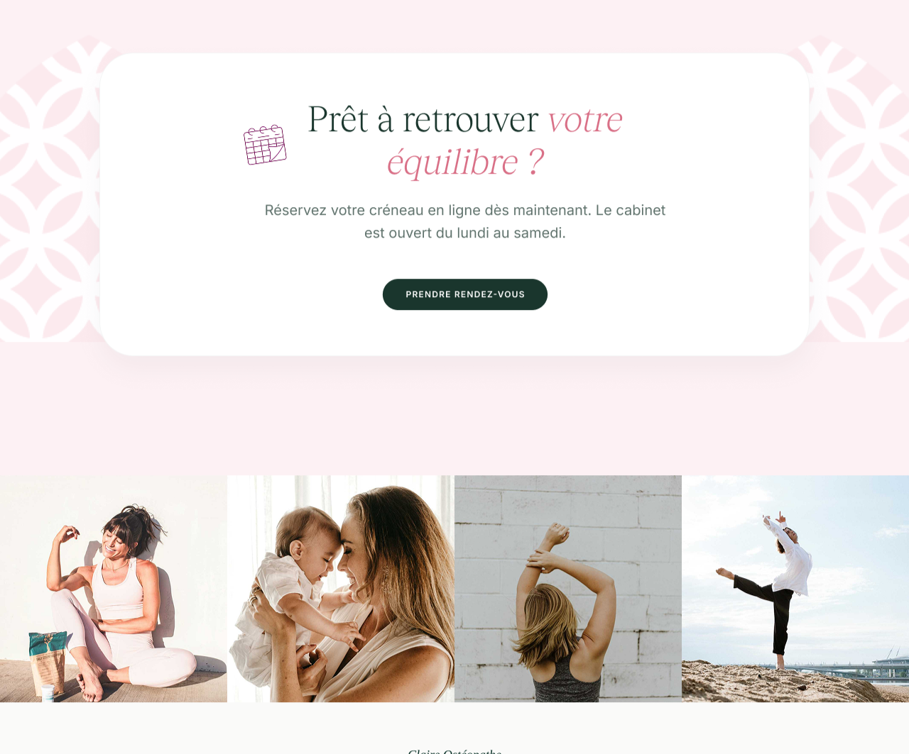 Page première consultation ostéopathe — section CTA rassurante, conversion visiteurs en patients