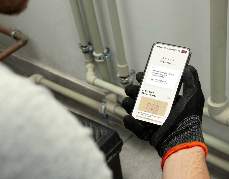Site plombier Marc — avis Google et zone d'intervention intégrés, vue tablette
