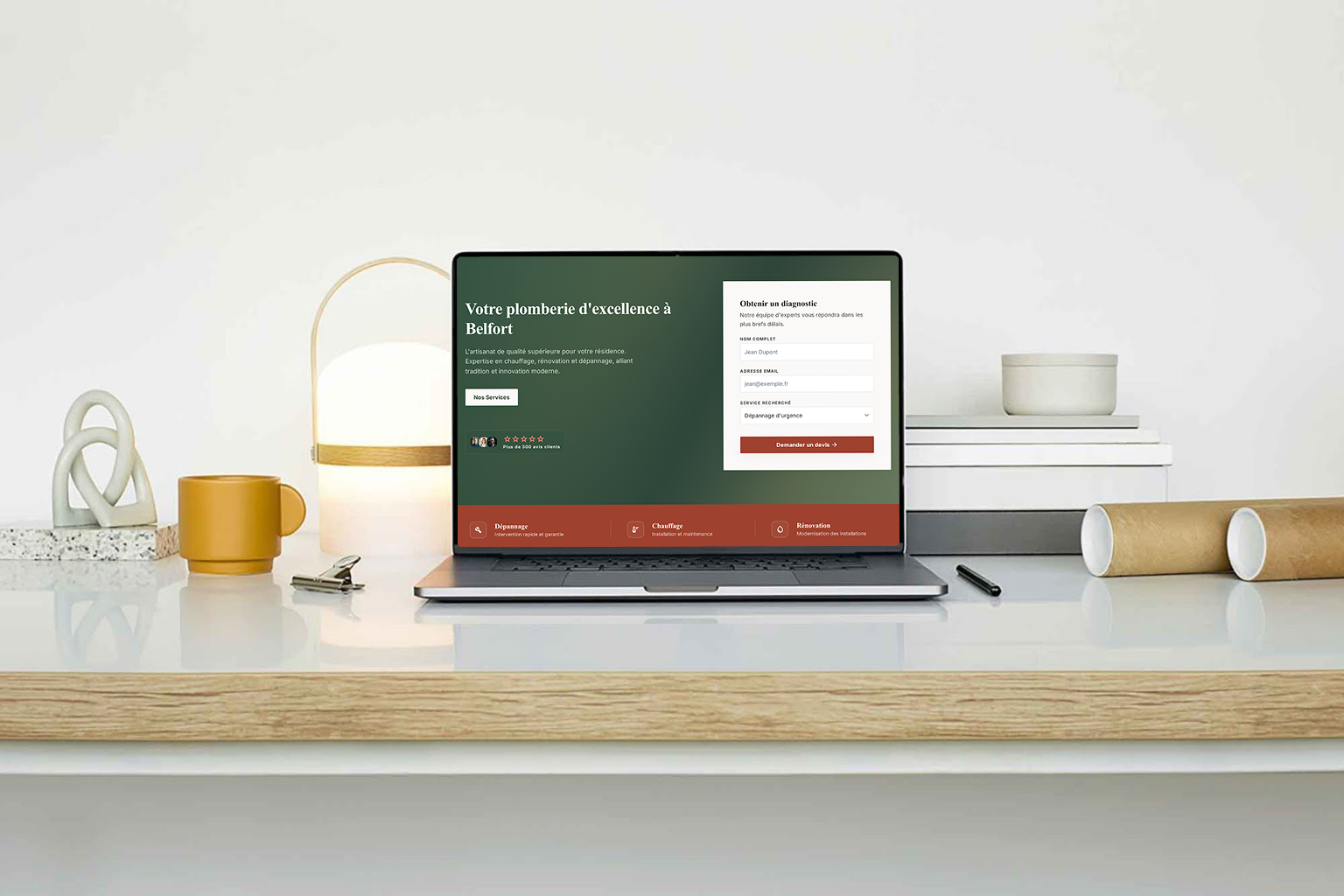 Site vitrine plombier Marc — présentation complète de la landing page livré en mockup