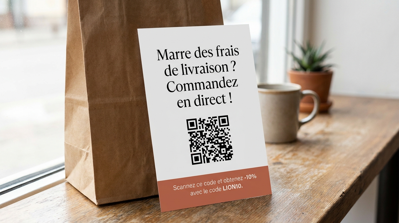 Flyer de migration — QR code 'Commandez en direct' glissé dans chaque sac Uber Eats