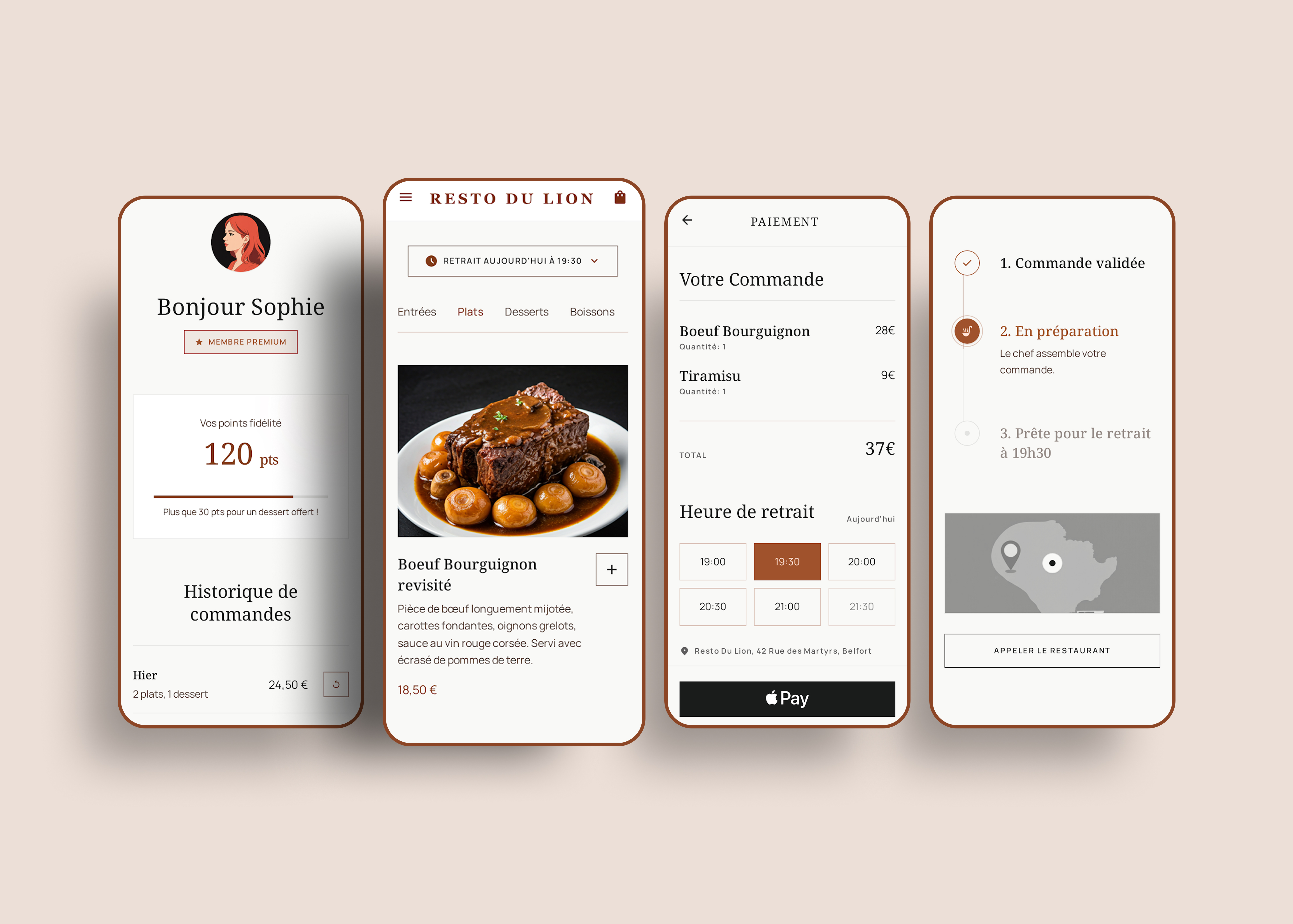 4 écrans de la PWA Resto du Lion — profil, menu plat, paiement, suivi commande
