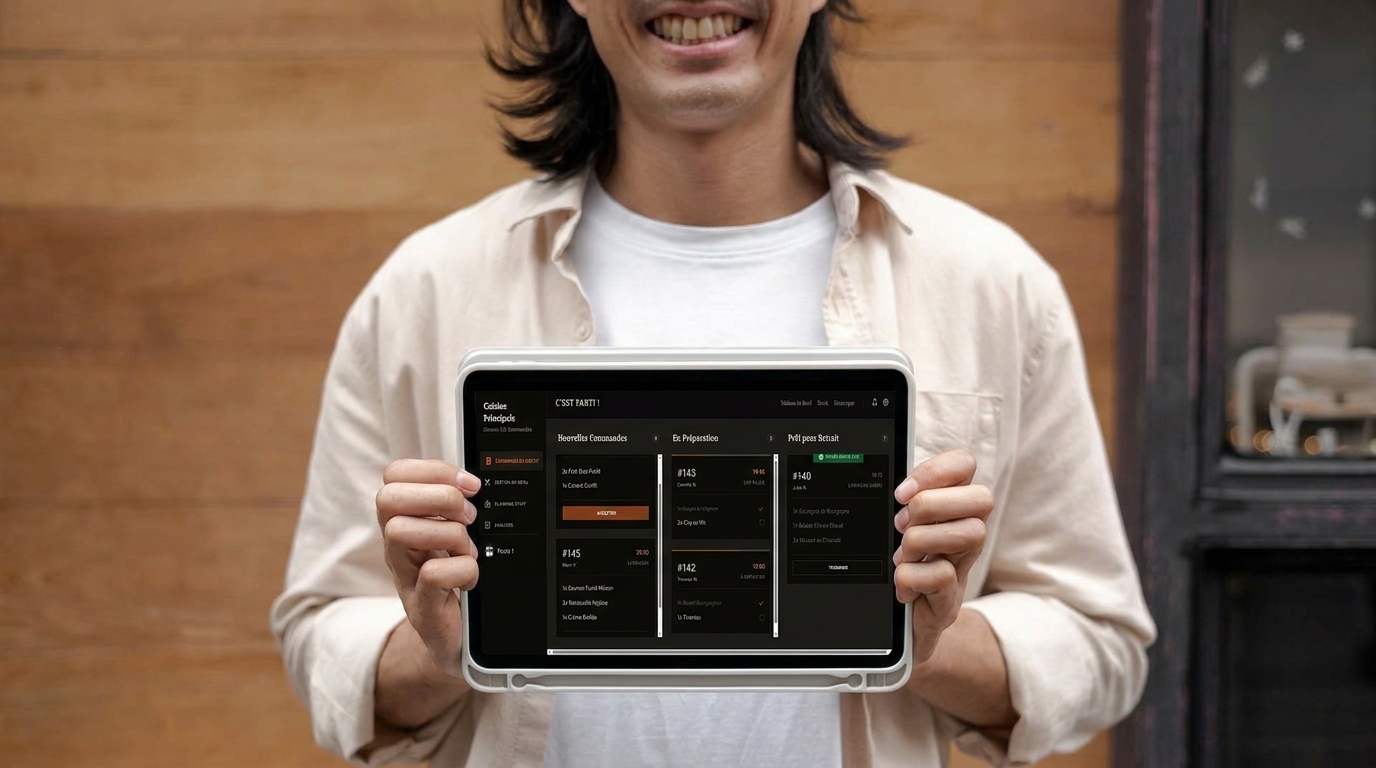 Restaurateur tenant la tablette du dashboard — colonnes nouvelles commandes, en préparation, prêtes