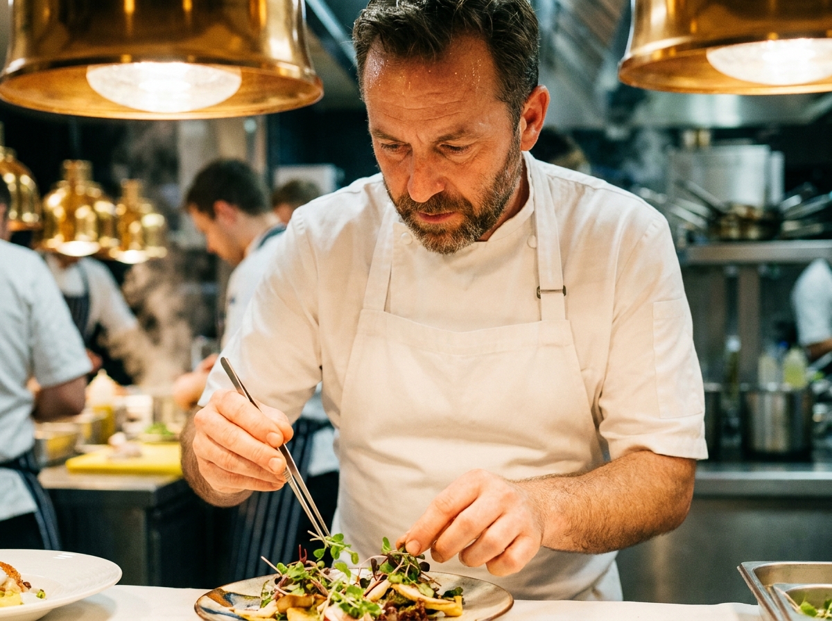 Chef en cuisine — dressage minutieux d'un plat, Resto du Lion