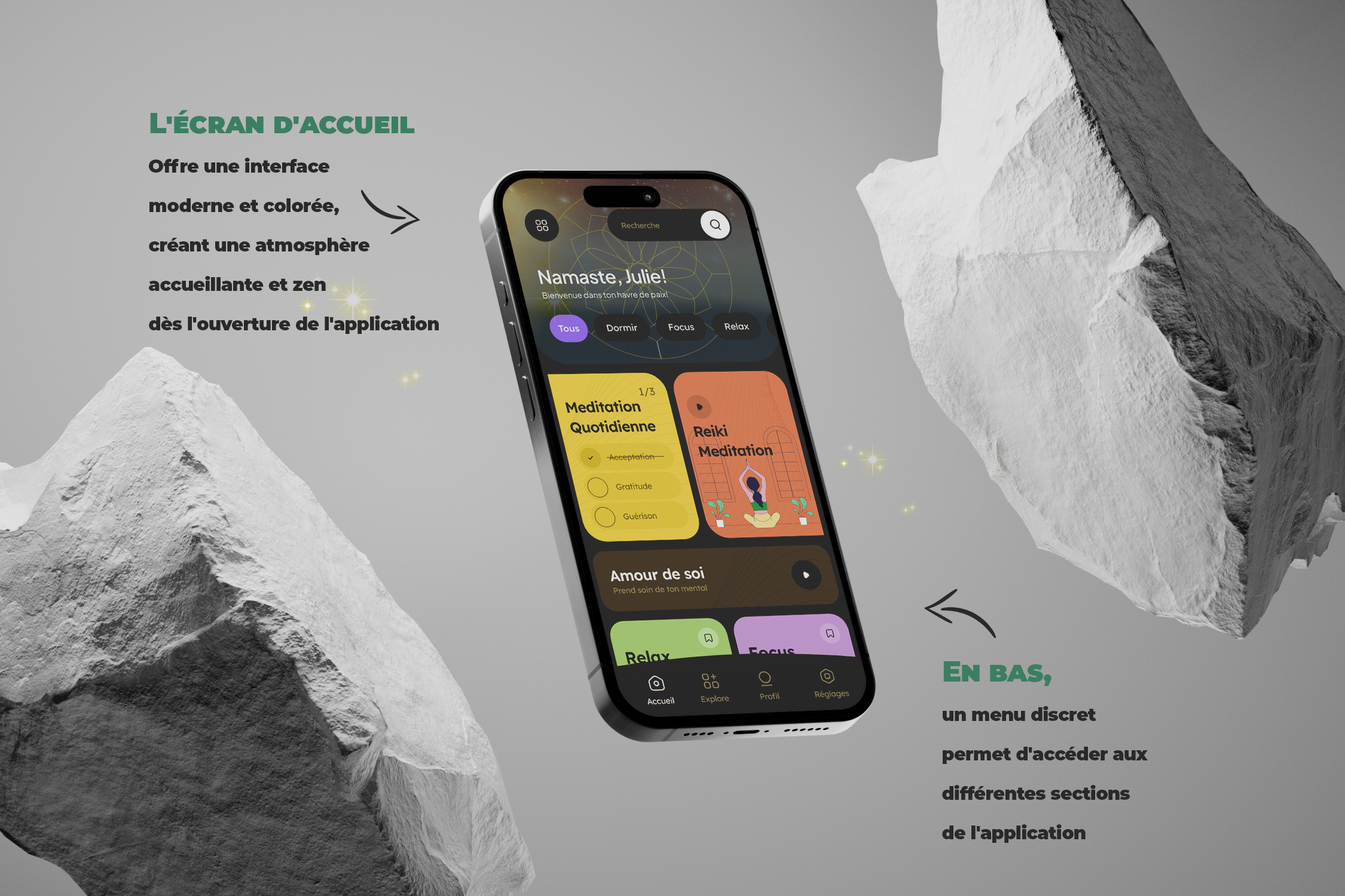 Application de méditation Médita — onboarding et sélection d'humeur